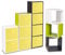 Holz-Bücherregal mit farbigen Aufbewahrungsboxen, Yellow Box, Antique Cube