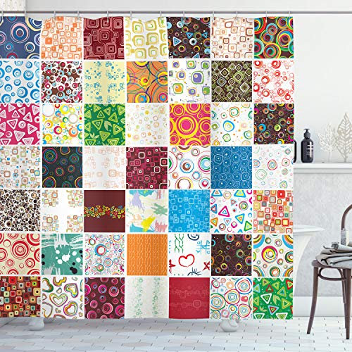 ABAKUHAUS Bunt Duschvorhang, Patchwork Retro Style, Stoffliches Gewebe Badezimmerdekorationsset mit Haken, 175 x 200 cm, Orange Mehrfarbig