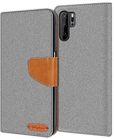 Verco kompatibel mit Huawei P30 Pro Hülle, Schutzhülle für P30 Pro Tasche Denim Textil Book Case Flip Case Klapphülle, Grau
