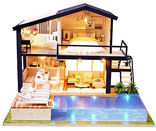 Bricolaje Casa de Muñecas de Madera de Diseño, con Luces+Piscina Privada, Miniatura con Todos los Muebles, Casa de Muñecas, Juego de Descompresión(con/SIN Cubierta de Polvo)(con Cubierta de Polvo)