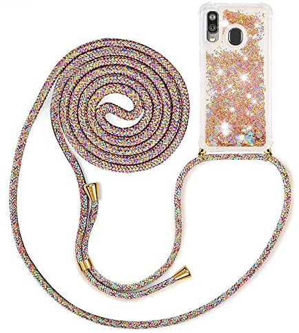 MXKOCO Handykette kompatibel mit Samsung Galaxy A40 Glitzer Flüssig Bewegende Treibsand Hülle mit Band Umhängetaschen+Hüllen mit Umhängeband Handykordel mit Schutzhülle Stylische Kette mit Hülle