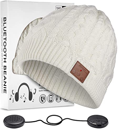 ZRUHIG Bluetooth Beanie Hat, Bluetooth Winter Music Hat Knit Running Cap Men with Stereo Speakers Wireless Hats Unique Gift for Women/Men(White)