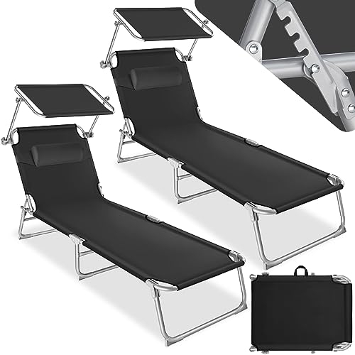 TecTake® Set 2X Lettino Pieghevole, Lettini Prendisole Pieghevoli Sdraio con Parasole, Schienale Regolabile 4 Posizioni, Rivestimento Resistente, Giardino Spiaggia Lettini Prendisole Mare - Nero