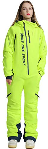 MOUS ONE Einteiliger Skianzug für Damen, wasserdicht, warm, isoliert, Ski-Overall, abnehmbare Kapuze, Schneeanzug für Schneesport, gelb, Medium