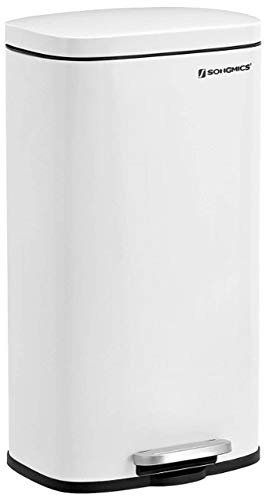 SONGMICS Trash Can with Lid, 8 Gallon Garbage Can, Stainless Steel Small Waste Bin with Step Pedal and Inner Bucket, Soft Close, Kitchen, White ULTB102W01