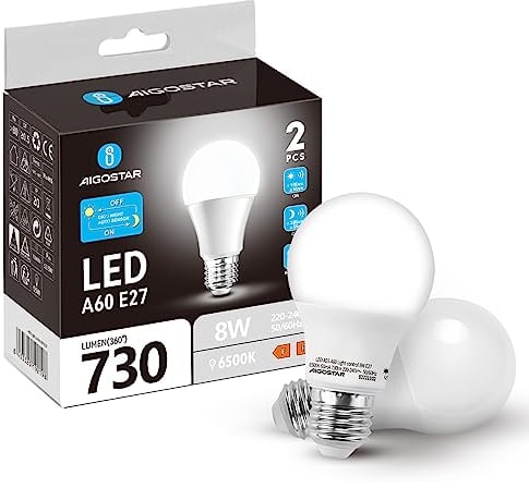 LED Lampe mit Tageslichtsensor, E27 Lichtsensor Glühbirne, 8W (55W Equivalent) Dämmerungssensor Leuchtmittel, kaltweiss 6500K, Automatische On/Off Led Glühbirne für Korridor Garage Garten, 2 Stück