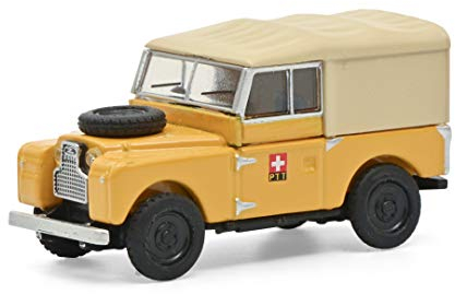 Schuco 452662200 Land Rover 88 PTT, Schweizer Post Version mit Verdeck, Modellauto, Maßstab 1:87, gelb