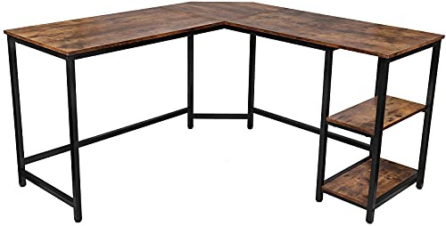VENDOMNIA Schreibtisch L Form - Industrial, aus Metall, 138x138 cm, mit 2 Ablagen, Schwarz Braun - Eckscreibtisch, Computertisch, Bürotisch, Arbeitstisch für Home Office, Büro, Vintage Retro