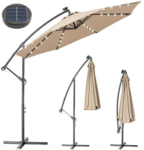 BAKAJI Sombrilla de jardín o terraza con luz 32 LED y panel solar, tamaño 3 x 3 m, plegable, poste lateral descentralizado de acero, base en cruz de tela anti UV, crudo con rayas, Grande