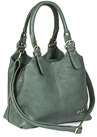 Mabel London Womens Multiple Pockets Handbag - Medium Size Multi Compartments Bag with a Long Shoulder Strap - AMELIA (Deep Green)