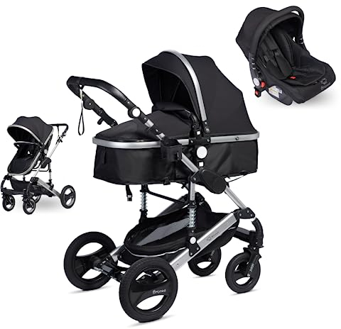 Bronea EXQUISE Kombi-Kinderwagen 3 in 1 INKL. MATRATZE | FARBAUSWAHL | Buggy, Auto-Babyschale, Zusammenklappbar mit Wickeltasche, Regenschutz, Mückenschutz & Sonnenschutz, Farbe:schwarz/silver