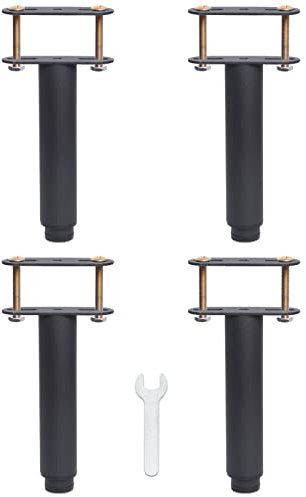Pied de Lit Universel, Pieds pour Sommier à Lattes sans Perçage | Hauteur: 15cm(+12.5cm) Reglable | Design: Noir | Matériel: Metallique | Ronde ø3.8cm | pour le Cadre Central | avec Boulons | Lot de 4
