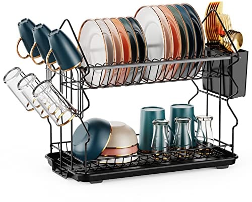 iSPECLE 2 Tier Dish Drainer Rack - Rustproof Dish Drying Rack and Drainboard Set, Christmas Tree Shape, Dish Draining with Glass Utensil Holder for Small Kitchen Worktop, Black