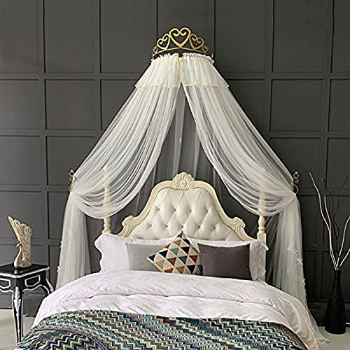 Prinzessinnen-Himmelbett Für Mädchen Mit Metallkrone, Dekorativen Betthimmeln Und Vorhängen, Verträumte Moskitonetz-Bettwäsche Für Einzel- Bis Kingsize-Betten,Weiß,2,0m Bett,Super2