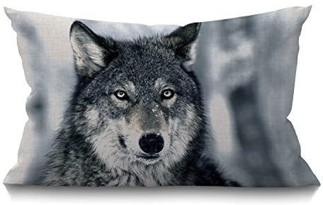 BGBDEIA Housse de coussin 30 x 50 cm - Décoration rustique - Série animaux - Loup de la forêt hivernale - En coton et lin - Pour canapé, chambre à coucher - 30 x 50 cm