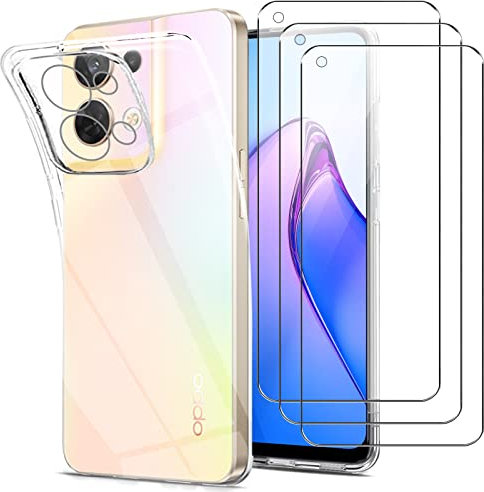 GEJEFA Coque pour Oppo Reno 8 5G + Verre Trempé[3 pièces], Transparente Silicone TPU Absorption de Choc et Anti-Scratch Housse Coque pour Oppo Reno 8