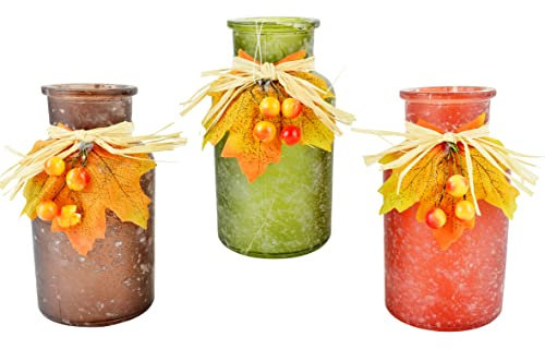 3er Set Glasvase mit Herbstdeko | Flasche Vase Glasflasche | Blatt Beeren | 12,5 cm | Herbst