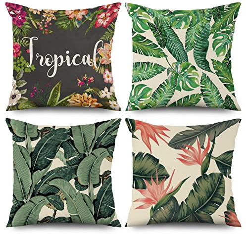 ASDCXZ Frühling Kissenbezug 40x40 cm 4er Set, Aquarell Grün Blätter Rosa Blume Sofa Dekokissen Kissenbezüge Kissenhülle Waschbar Polyester Flachs Textil Outdoor Polster Kopfkissenbezug Kissen Bezug