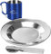 normani Outdoor Camping Geschirrset bestehend aus Besteck + Teller + Tasse mit Karabinerhacken + Dosen- und Flaschenöffner - 100% rostfreier Edelstahl Farbe Dunkelblau
