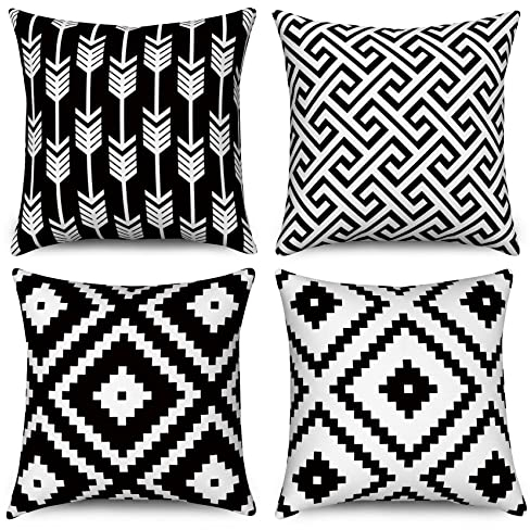 Hnmdmyi Kissenbezug Schwarz und Weiß 40x40 4er Set, Boho Kissenbezüge Modernes Geometrisches Muster Neutrale Dekorative Leinen Kissenhülle für Sofa Couch Bett Garten Outdoor Home Decor