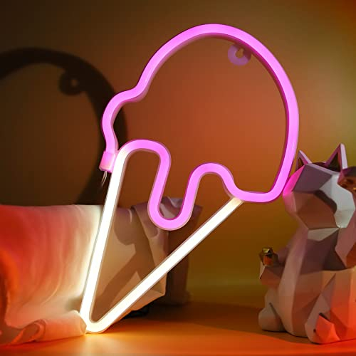 DWOOKE LED Ice Cream Neon Sign Neon Light Signs Pink Neon Light Battery/USB Operated Neon Art Sign for Wall Decor Girl’s Room Light Up Ice Cream Sign for Summer Party Bar Christmas
