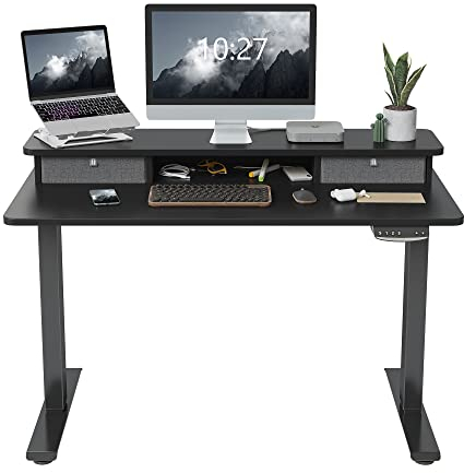 FEZIBO Höhenverstellbarer Elektrischer Stehtisch mit Doppelschublade, 100 x 60 cm Stehtisch mit Ablage, Sitz-Steh-Schreibtisch mit Verbindungsplatte, Schwarzer Rahmen/Schwarze Oberfläche