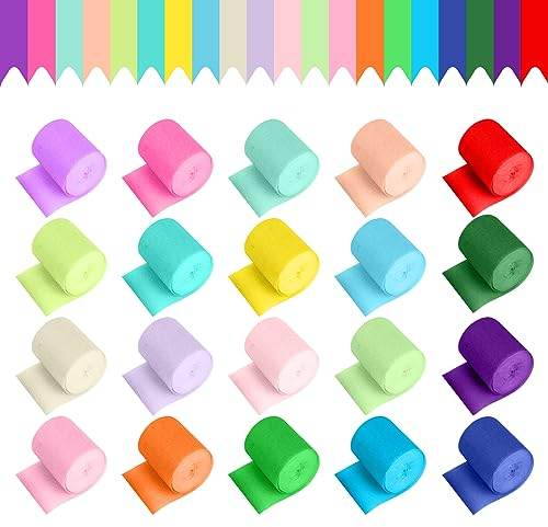 MXTIMWAN Papel Crepé Colores, 20 Rollos Crepé Artesanía, Cintas Papel Crepé para Decoración, Papel Pinocho Papel Crepe, Serpentinas Papel Crepé para Todo Tipo de Fiestas, Bodas (4.5cm*10m)
