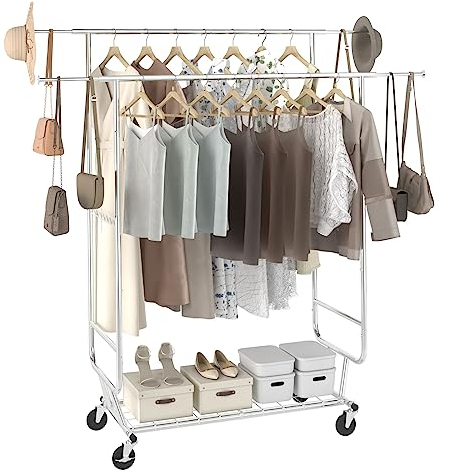 VEVOR Rollbarer Kleiderständer Garderobenständer 2 Kleiderstangen, Einstellbar 1282–1914 mm / 1443–1867 mm (L/H), Freistehender Stahl Kleiderständer 59 + 136 kg Belastbar, Strapazierfähig Silber