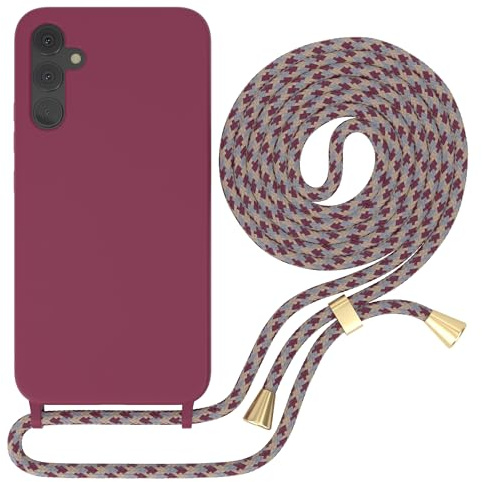 EAZY CASE - Necklace Silicon - kompatibel mit Samsung Galaxy A34 Slim mit Microfiber, Phone Case, Abnehmbare Handykordelabnehmbar Beere mit Schulterriemen in Rot Camouflage Clips Gold