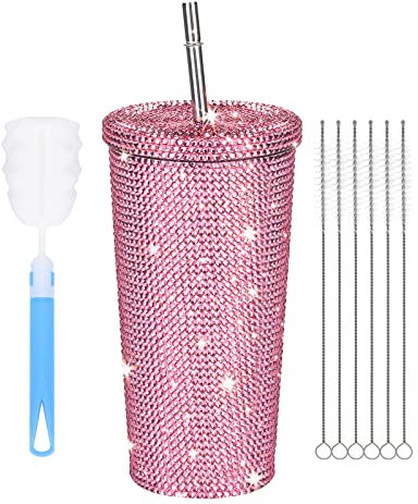 LARCISO Bling Diamond Studded Tumbler Glitter Water Bottle Lid Stainless Steel Vacuum Thermal Straw Tumbler Rhinestone Tumbler 1 Pcs Cup Brush 6 Pcs Straw Brushes for Women Girl, Pink