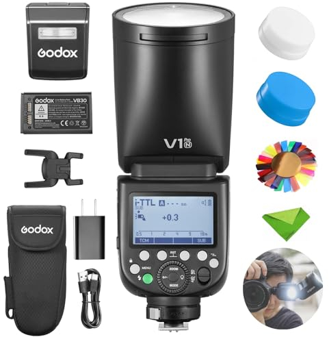 Godox V1 V1Pro N Flash for Nikon Camera TTL Speedlight, 1/8000 HSS 500 Full Power Flashes, 1.3s Recycle Time, 2.4G Wireless with External Flash SU-1 for Nikon Cameras(Godox V1-N Upgraded, V1Pro-N)