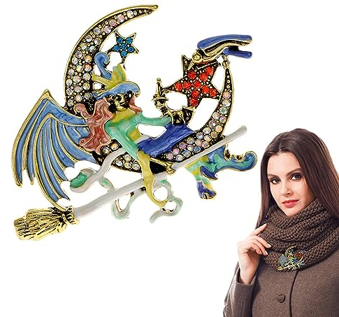 Vllold Broche sorcière et lune | Broche sorcière et lune pour corsage d'Halloween, sorcière volant sur la lune, cadeau pour enfants, femmes, filles, 1, Zinc