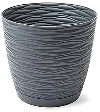 Acan Tradineur - Maceta Redonda con Plato - Diseño Wind (Ø 19 cm) - Fabricado en plástico - Ideal para jardín Exterior, terraza o balcón - Color Antracita