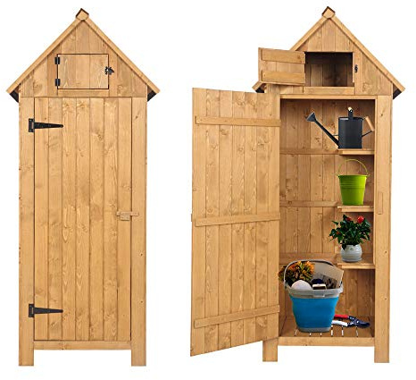 Outvita Outdoor Storage Cabinet, 70in Wooden Vertical Garden Tools Shed, Patio Storage Organizer with Latch & Waterproof Roof for Yard Deck Lawn Farmland Equipment(Natural)