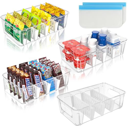 CECOMBINE Fridge Organiser Divided, 4 Pack Cupboard Storage Containers Snack Storage, Clear Plastic Food Organiser Bins with Removable Divider & 2 Food Preservation Bag - BPA-free