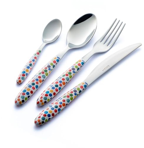 Eme P13SVR/CO Servizio Posate 6 Coltello 6 Forchetta 6 Cucchiaio 6 Cucchiaino Confezione Salvaspazio, 24 Pezzi, Modello Vero, Decoro Coriandoli, Nichel Free, Manicatura PBT Sublimato