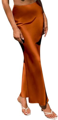 Women Satin Silk Skirt A Line Elastic High Waist Ruffle Long Maxi Skirt Solid Color Mermaid Skirt Formal Evening Party Skirts Orange XL