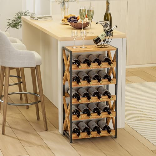 LUMAMU Étagère à vin autonome pour 20 bouteilles de vin avec dessus en bois, 5 niveaux sans oscillation, étagère de rangement modulaire empilable pour cuisine, cave, salon