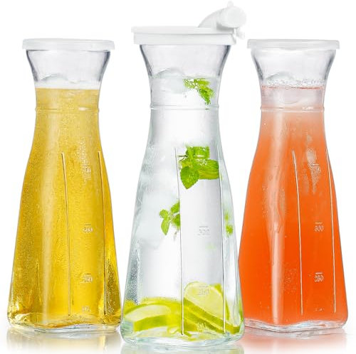 Absovetu 3er Set Wasserkaraffen mit Deckel 1 Liter - Glaskaraffen mit Deckel Wasserkrug Glas Glaskanne mit Ausgießer für Saft Milch Eistee Wasser Wein