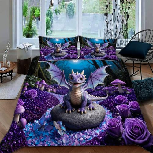Ruiqieor Bettwäsche 135x200cm,Lila Kleiner Drache Motiv Bettbezug Set 3 Teilig Bettbezug Weiche Mikrofaser Baumwolle Bettdeckenbezug mit Reißverschluss und 2 Kissenbezug 80x80cm（#10）