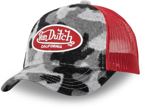Von Dutch Kappe für Damen und Herren, Trucker-Kappe, Camo, verstellbar, mit Kunstfell, Schwarz / Grau / Rot, Einheitsgröße