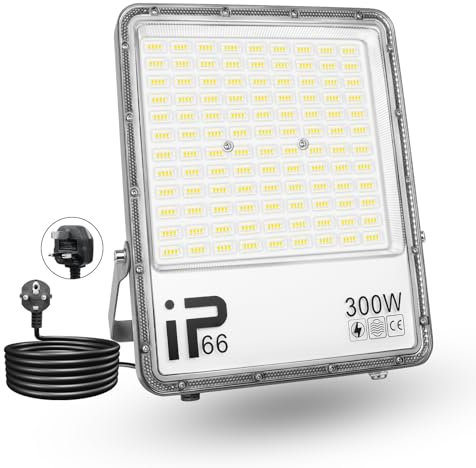 PICAA Lumière LED Extérieur 300W, 30000LM, Blanc Froid 6500K, Projecteur LED Sécurité IP65 Étanche, Lumière de Travail LED pour Porte d'Entrée, Entrepôt, Parking, Cour, Rue avec Prise (2 Pièce)