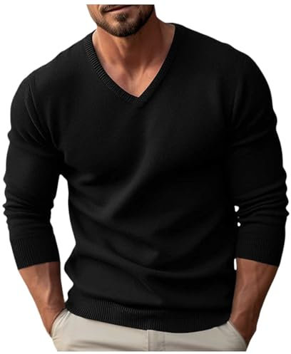 Cexiakong Jersey de punto para hombre, cuello de pico, jersey básico de invierno, cálido, suéter de trabajo, para otoño e invierno, manga larga, holgada, Negro , L