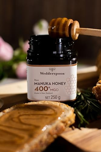 Wedderspoon Raw Manuka Honey 400 MGO - Pure, Unpasteurised, Non-GMO, Kosher, Halal, BPA-Free Packaging, Kfactor Rated, Third-Party Lab Tested, Traceable to the Hive (250g)