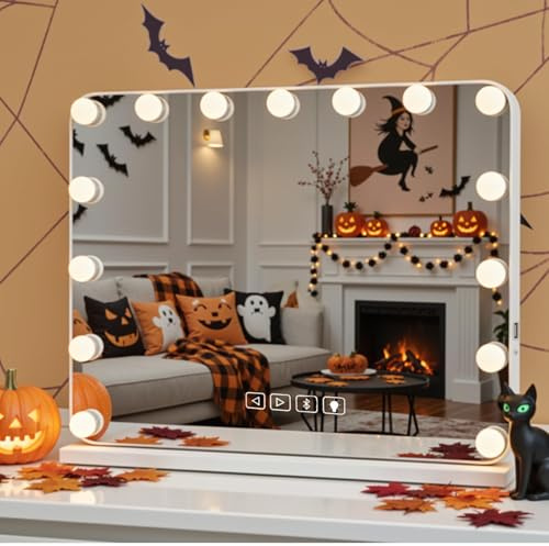 Clevich Bluetooth Hollwood Vanity Mirror with Lights, 58x46cm Makeup Mirror with 15 Dimmable LEDs, 3 Colours Modes, USB, 10x Magnifying Glass, Touch Control, Tabletop and Wall Mounted for Bedroom