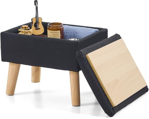 BRIAN & DANY Repose-pieds ottoman rectangulaire en lin avec rangement, repose-pieds avec pieds pour canapé, salon, entrée, bureau, noir