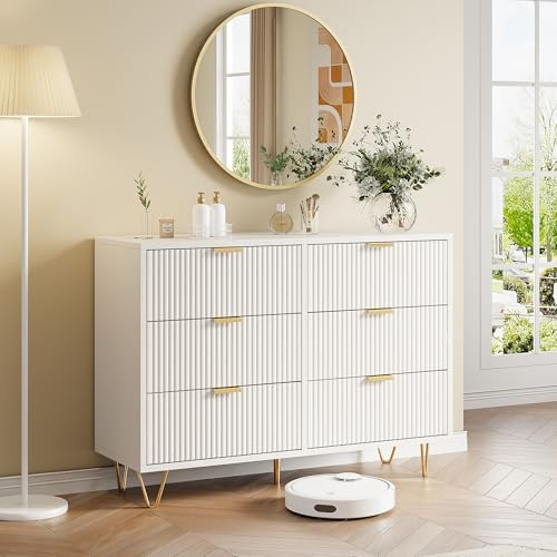 BursDany Commode à 6 Tiroirs, Meuble de Rangement, Style Scandinave, Buffet pour Chambre, Salon, Bureau, 100 x 34 x 73 cm, Blanc