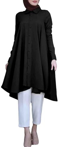 Tunika Shirts Damen Islamische Kleidung Ohne Hijab Muslim Hemd mit Knöpfen Elegant Unregelmäßige Bluse Sommerkleid Lange Robe Naher Osten Dubai Türkei Arab Muslimische Kleider