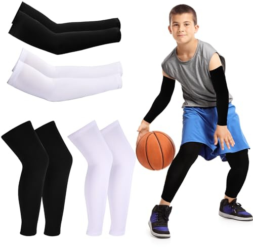 EXTRAPINS Manicotti a maniche corte per bambini, 2 paia di manicotti a compressione + 2 paia di protezioni per le ginocchia, a compressione, per ragazzi e ragazze, ciclismo, corsa, calcio, multicolore