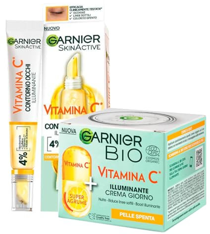 Garnier Bio Gesichtscreme für den Tag aufhellende Haut reduziert feine Linien mit Super Zitrus 50 ml + SkinActive Augenkontur Vitamin C frischer, erholter Blick 15 ml